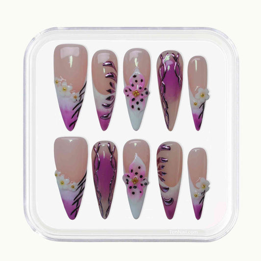 Lilac Bloom Nails with soft lilac, hand-painted orchids, sleek design¡ªcharming press-on nails for a floral-inspired look, easy to apply and long-wearing.