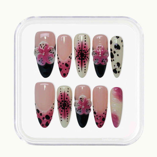 Dotted Blossom Nails with black dots, purple florals, hand-painted art¡ªstylish press-on nails for a playful look, easy to apply and long-wearing.