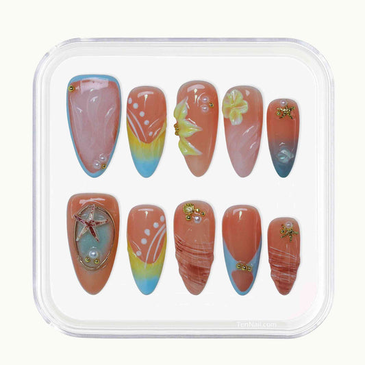Coastal Bloom press on Nails with hand-painted florals, starfish accents, coastal hues by Tennial¡ªcharming press-on nails for a seaside-inspired look, easy to apply and long-wearing.