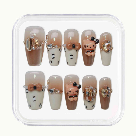 Kitty Leopard press on Nails with leopard print, Kitty accents, bling by Tennail¡ªplayful press-on nails for a trendy look, easy to apply and long-wearing.