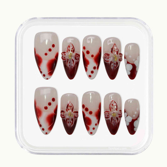 Tropical Flowers Press on Nails with hand-painted florals, red gradients, delicate accents by Tennail¡ªstylish press-on nails for a vibrant look, easy to apply and long-wearing.
