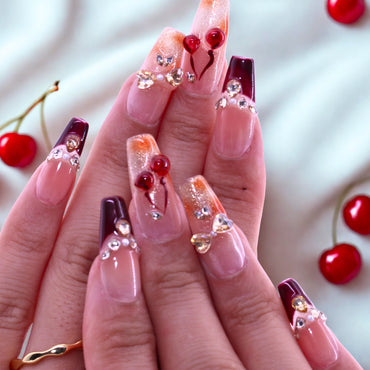 T2511N059 Cherry Blossom Glow Nails byTenNail, Nails with cherry and heart decorations on a light background