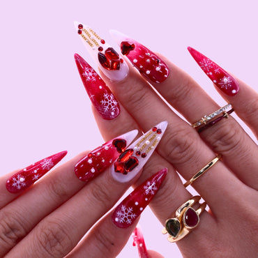 Close-up of hands with red and white nail art , Tennail handmade press on nails.