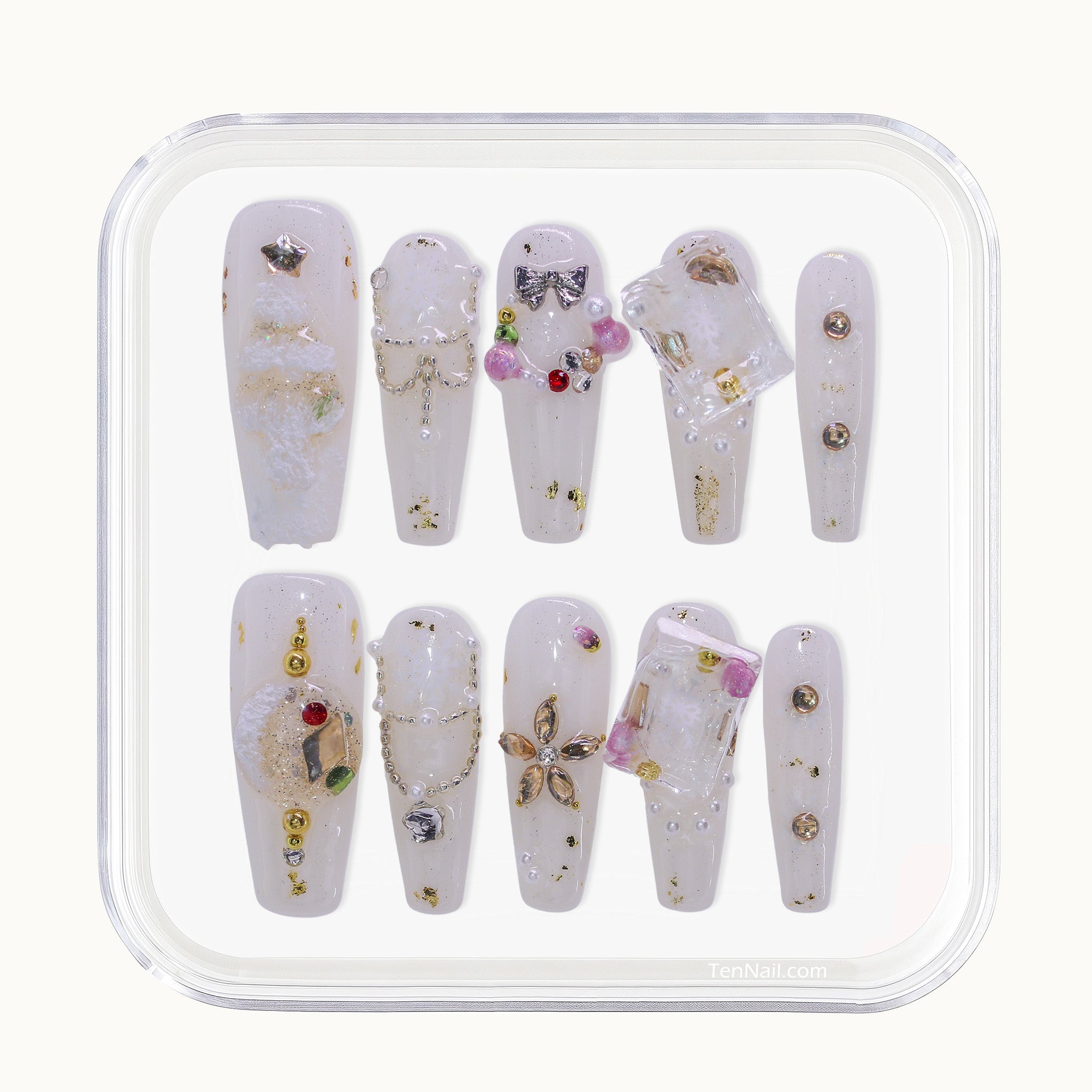 Long Coffin White Christmas press-on nails with 3D snow globes, Christmas trees, rhinestones, and pearls.