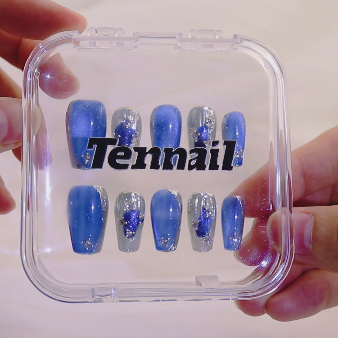 These Blue Cat Eye Nails from TenNail are press - ons with blue cat - eye effects and delicate details, a stylish choice for easy daily nail style.