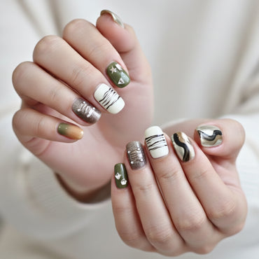 Earthen Wave Nails set with earthy brown wave patterns, subtle star accents, gradient tones, and handmade details—stylish press-on nails for modern, minimalistic Japanese ins style.