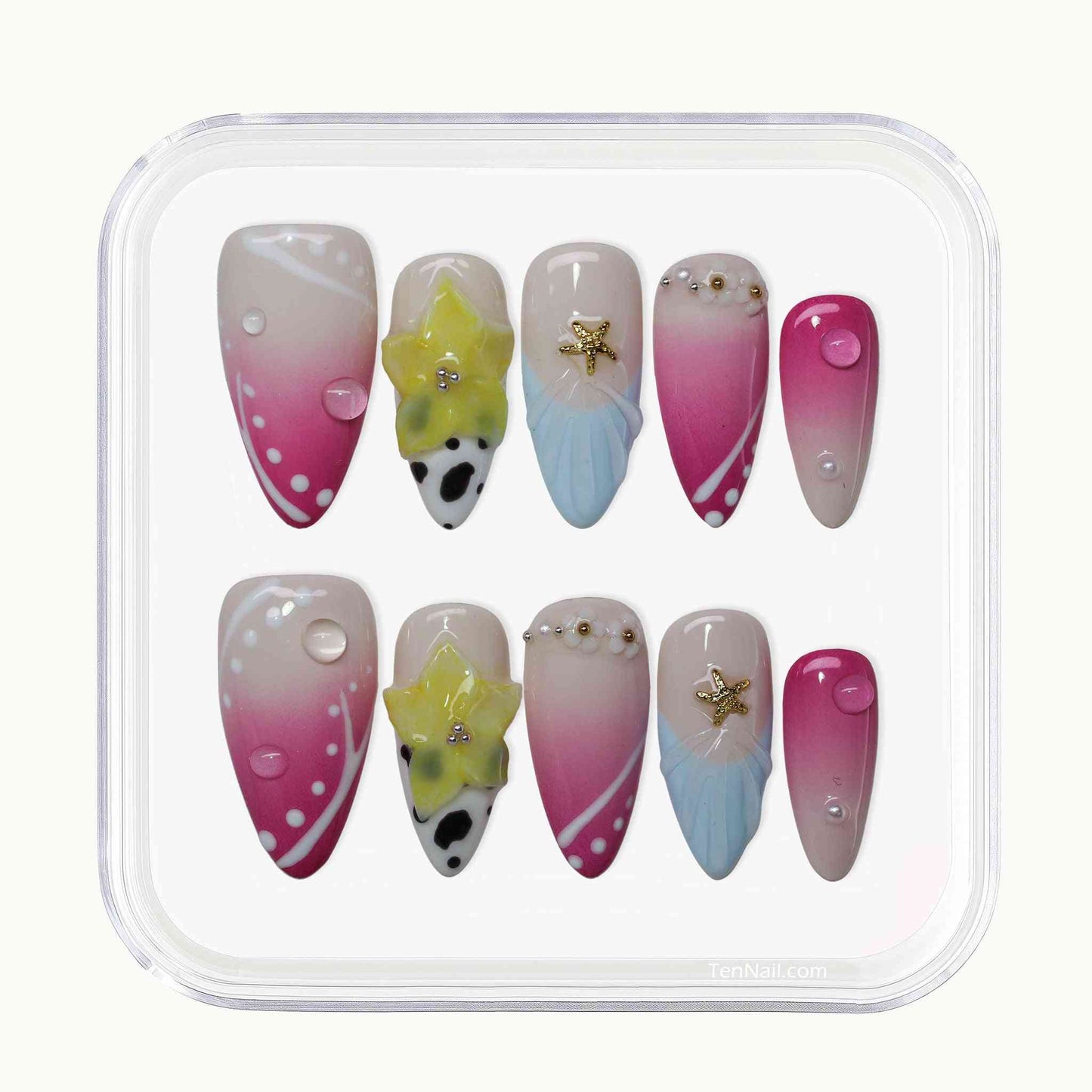 Sunny Bloom Star Nails with yellow flowers, gold stars, pink gradients¡ªcute press-on nails for everyday charm, easy to apply and long-wearing.