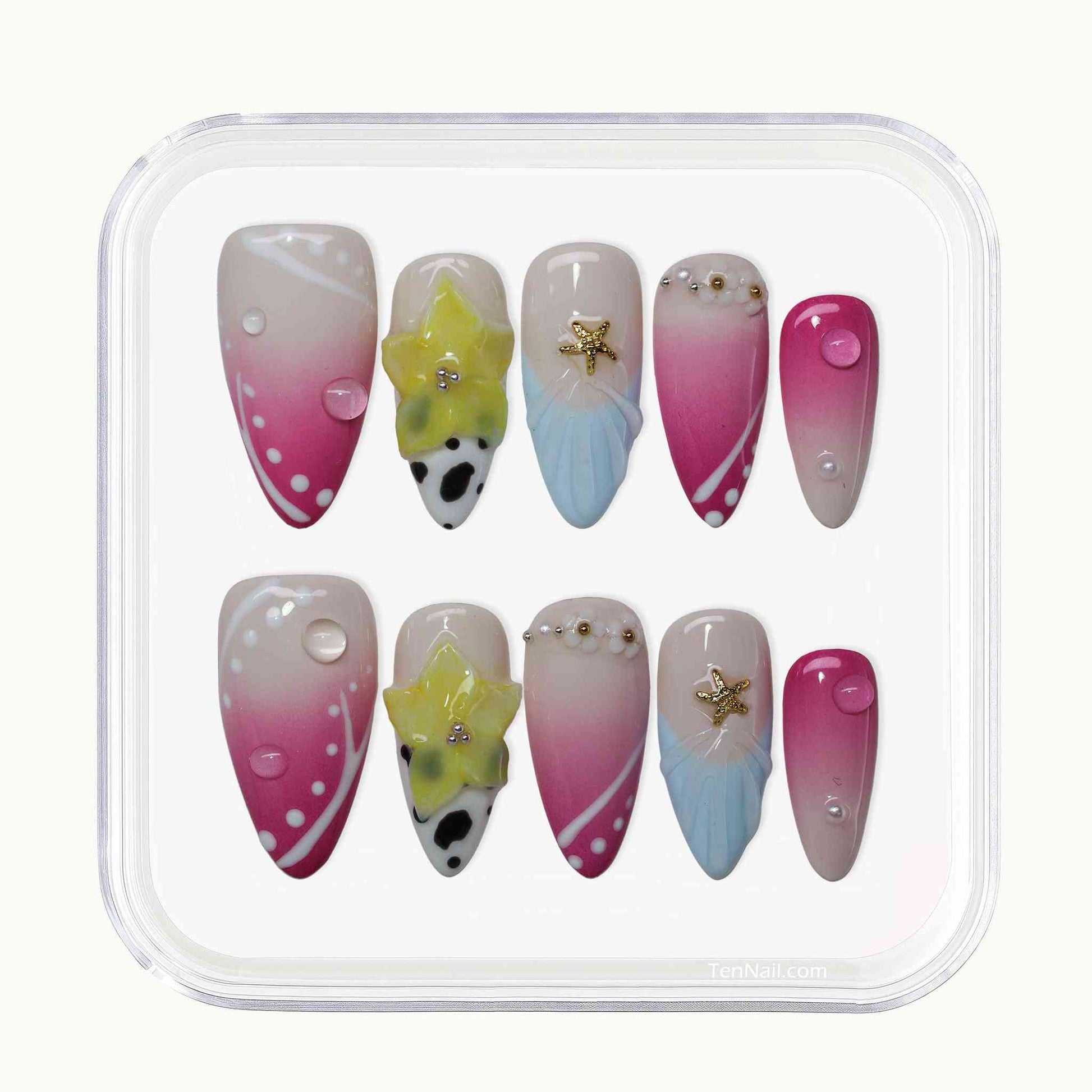 Sunny Bloom Star Nails with yellow flowers, gold stars, pink gradients¡ªcute press-on nails for everyday charm, easy to apply and long-wearing.
