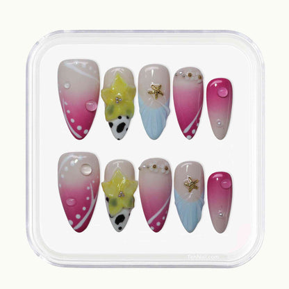 Sunny Bloom Star Nails with yellow flowers, gold stars, pink gradients¡ªcute press-on nails for everyday charm, easy to apply and long-wearing.