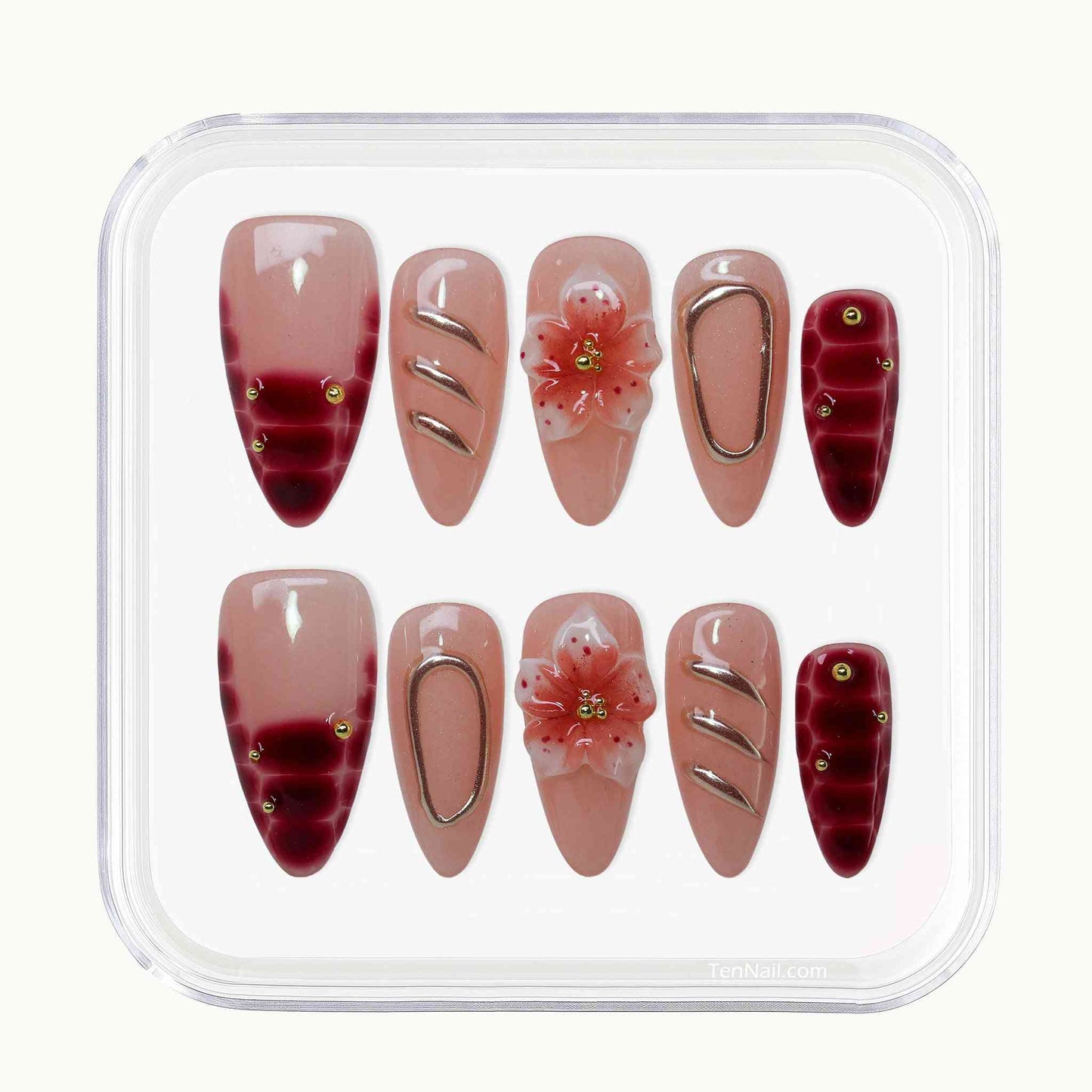 Blush Blossom Red Nails with blush gradients, red flowers, gold accents—elegant press-on nails for daily and special looks, easy to apply and long-wearing.