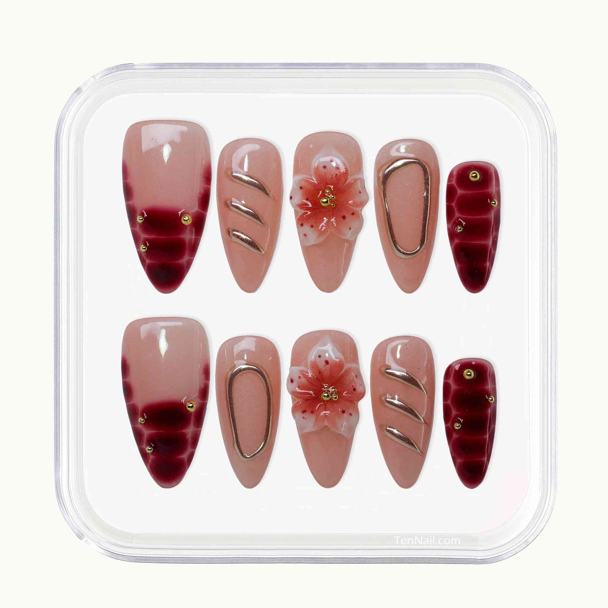 Blush Blossom Red Nails with blush gradients, red flowers, gold accents—elegant press-on nails for daily and special looks, easy to apply and long-wearing.