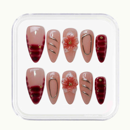 Blush Blossom Red Nails with blush gradients, red flowers, gold accents—elegant press-on nails for daily and special looks, easy to apply and long-wearing.