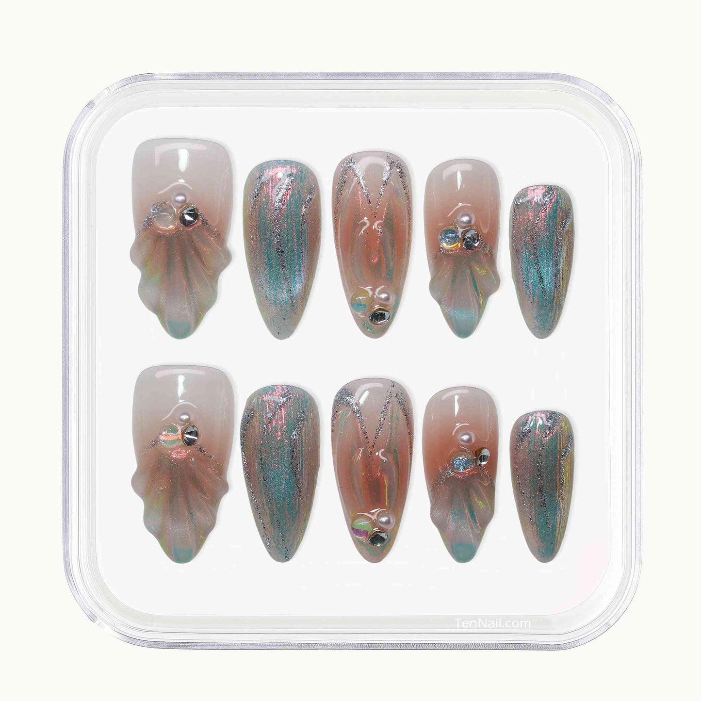 Mermaid Whim Nails with iridescent mermaid hues, rhinestone details—enchanting press-on nails for a dreamy look, easy to apply and long-wearing.