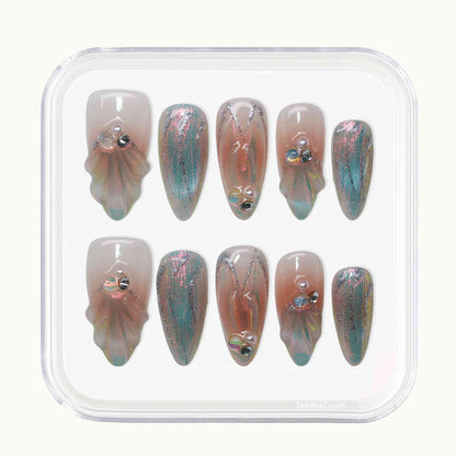 Mermaid Whim Nails with iridescent mermaid hues, rhinestone details—enchanting press-on nails for a dreamy look, easy to apply and long-wearing.