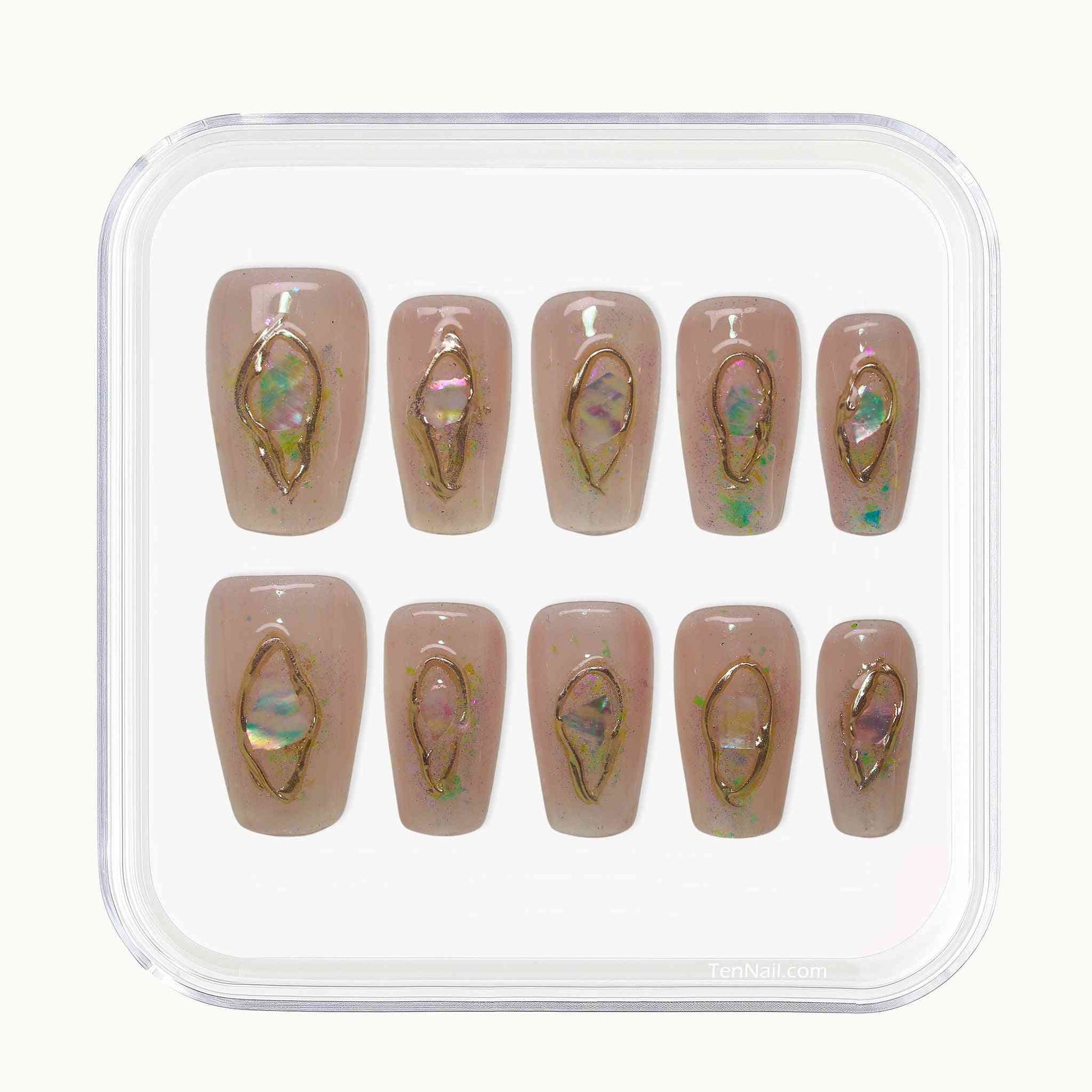Pearl Mermaid Nails with iridescent pearls, mermaid hues, gold accents—charming press-on nails for an ocean-inspired look, easy to apply and long-wearing.