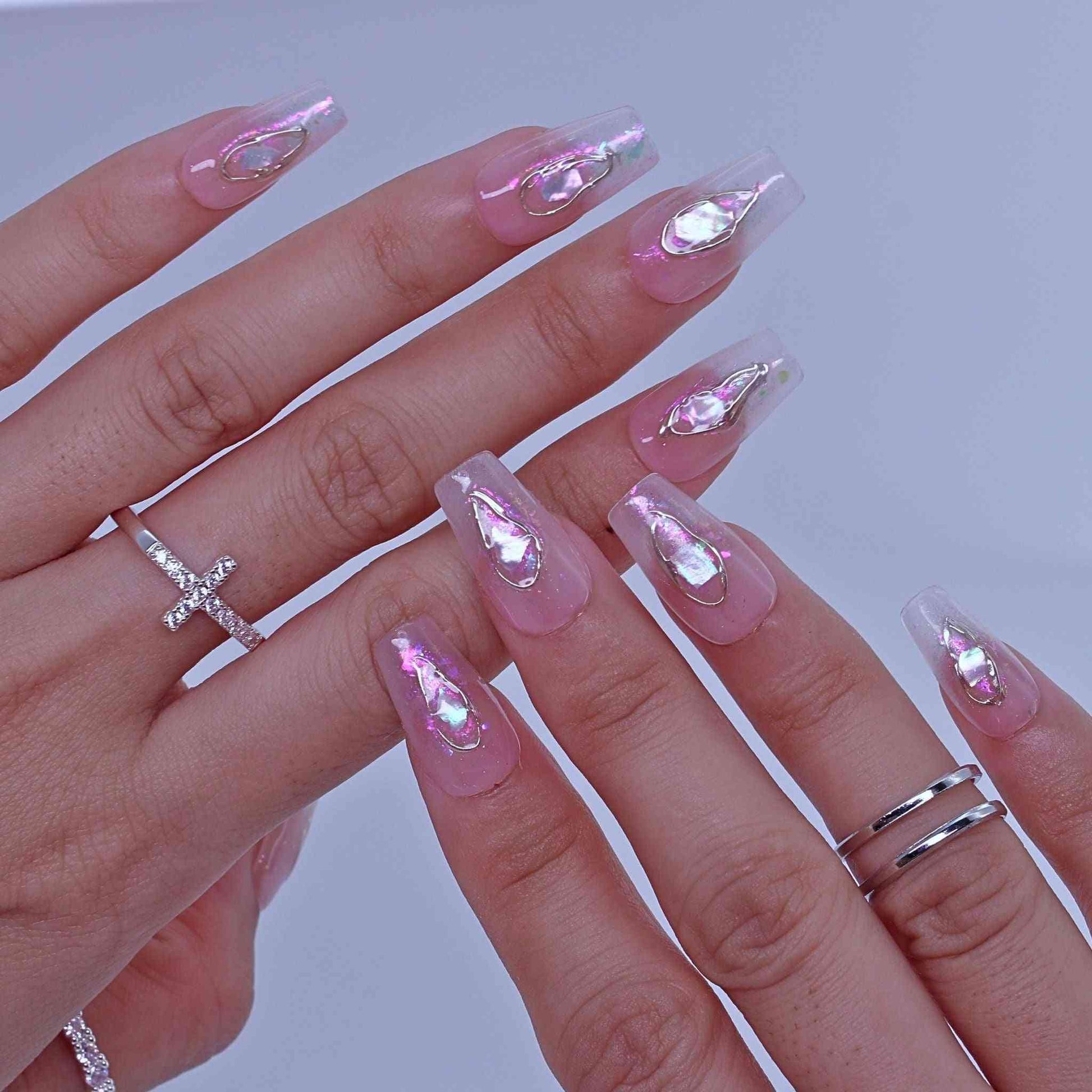 Pearl Mermaid Nails with iridescent pearls, mermaid hues, gold accents by pressonnails