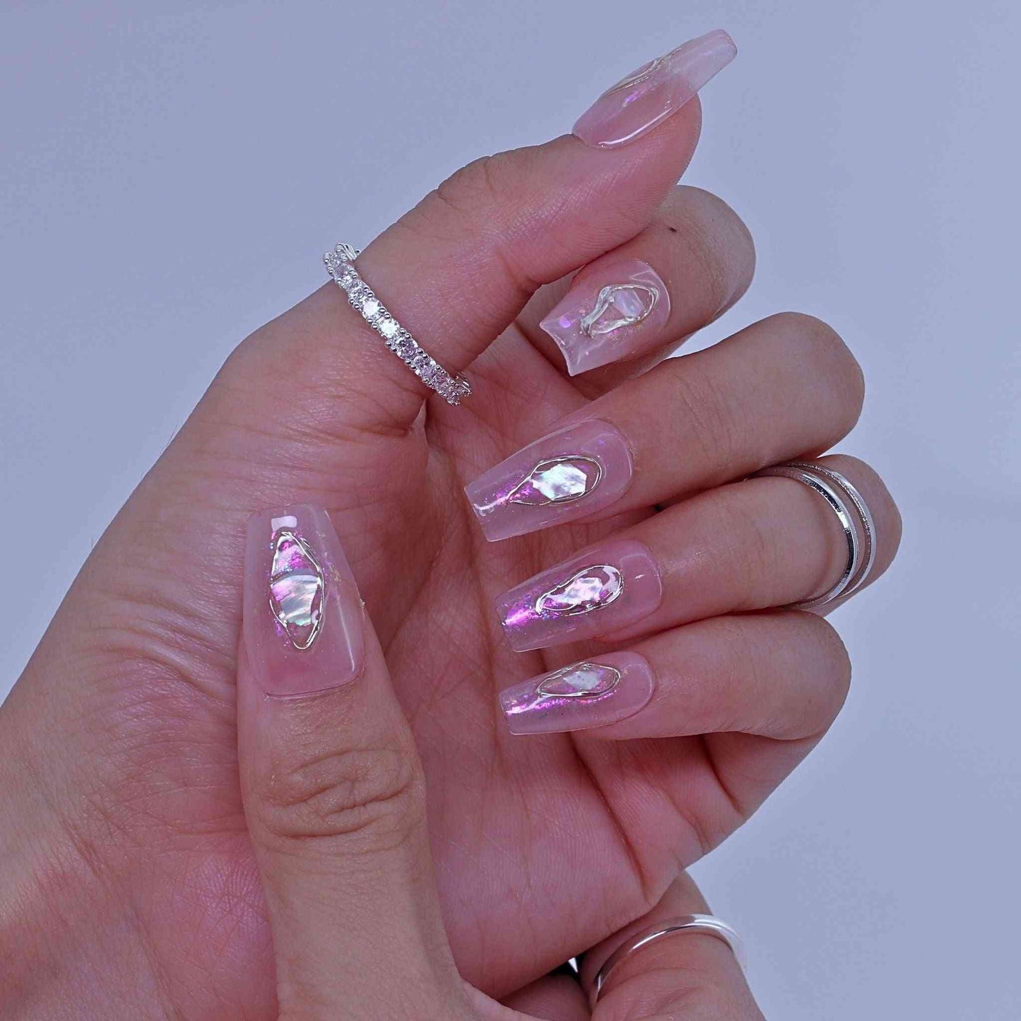 Pearl Mermaid Nails with iridescent pearls, mermaid hues, gold accents by pressonnails