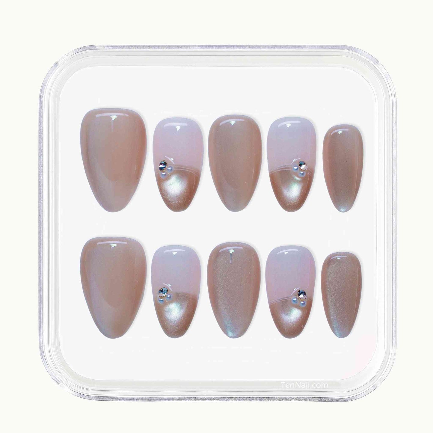 Dewy French Tip Nails with soft nude hues, French tips, rhinestone details—elegant press-on nails for a refined look, easy to apply and long-wearing.