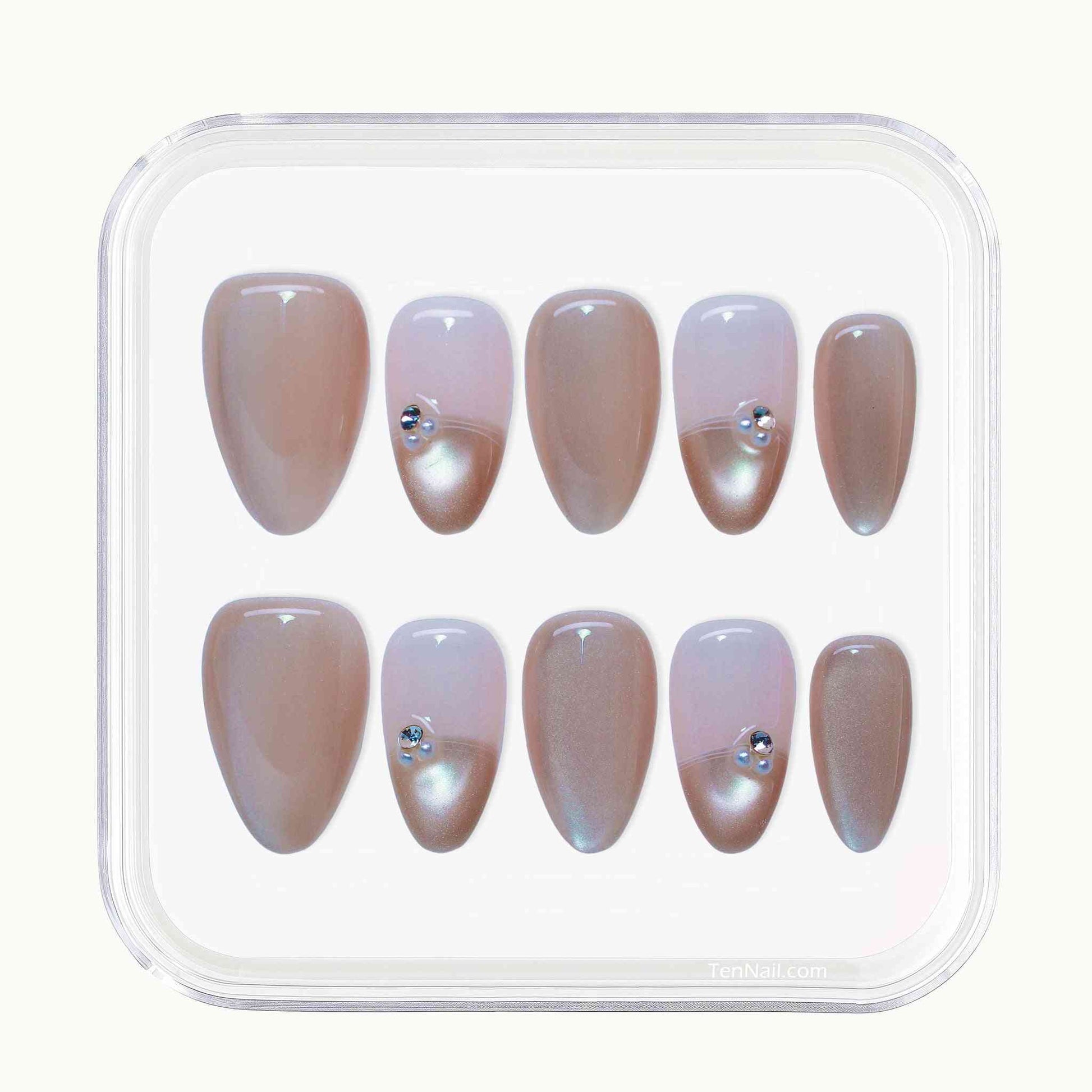 Dewy French Tip Nails with soft nude hues, French tips, rhinestone details—elegant press-on nails for a refined look, easy to apply and long-wearing.