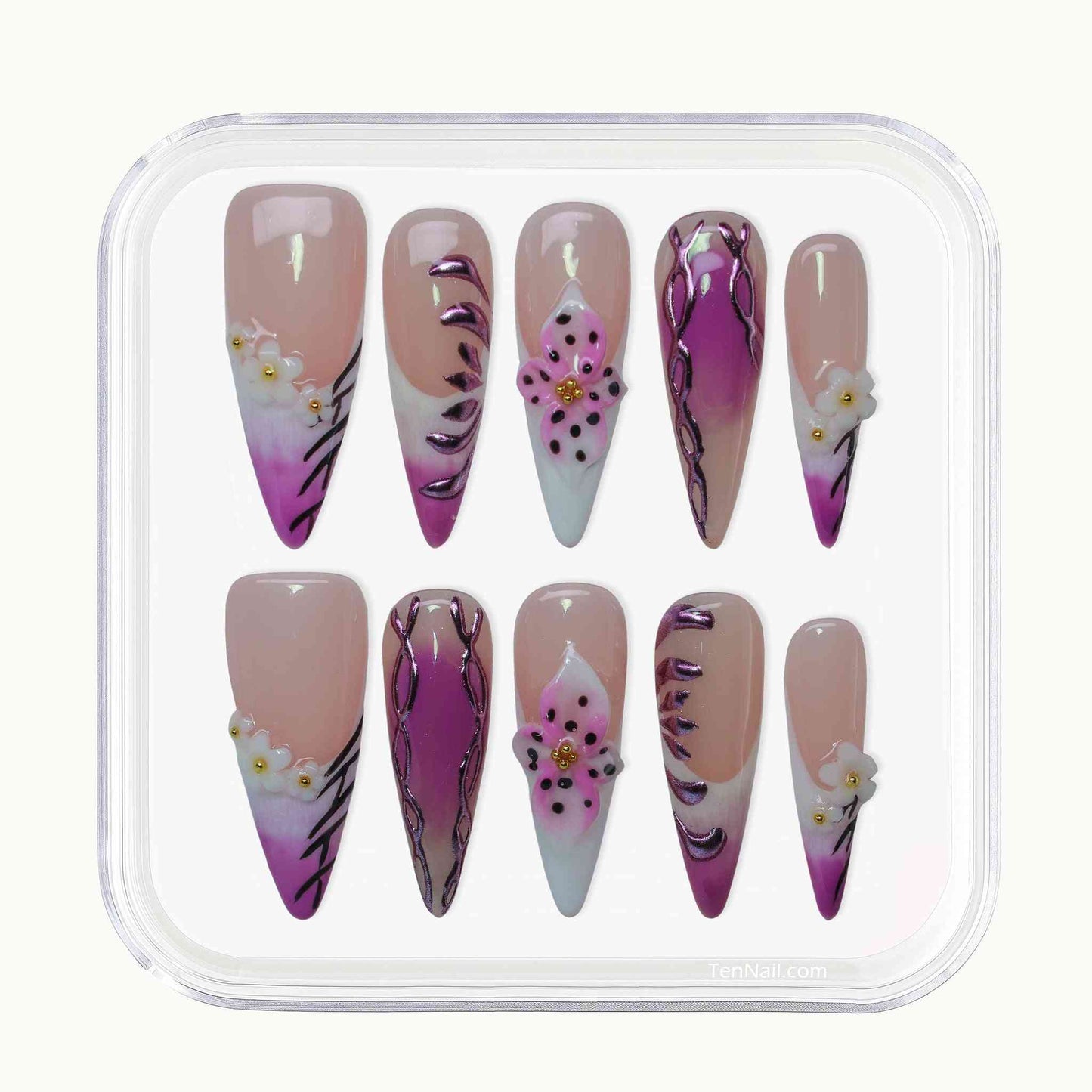 Lilac Bloom Nails with soft lilac, hand-painted orchids, sleek design—charming press-on nails for a floral-inspired look, easy to apply and long-wearing.