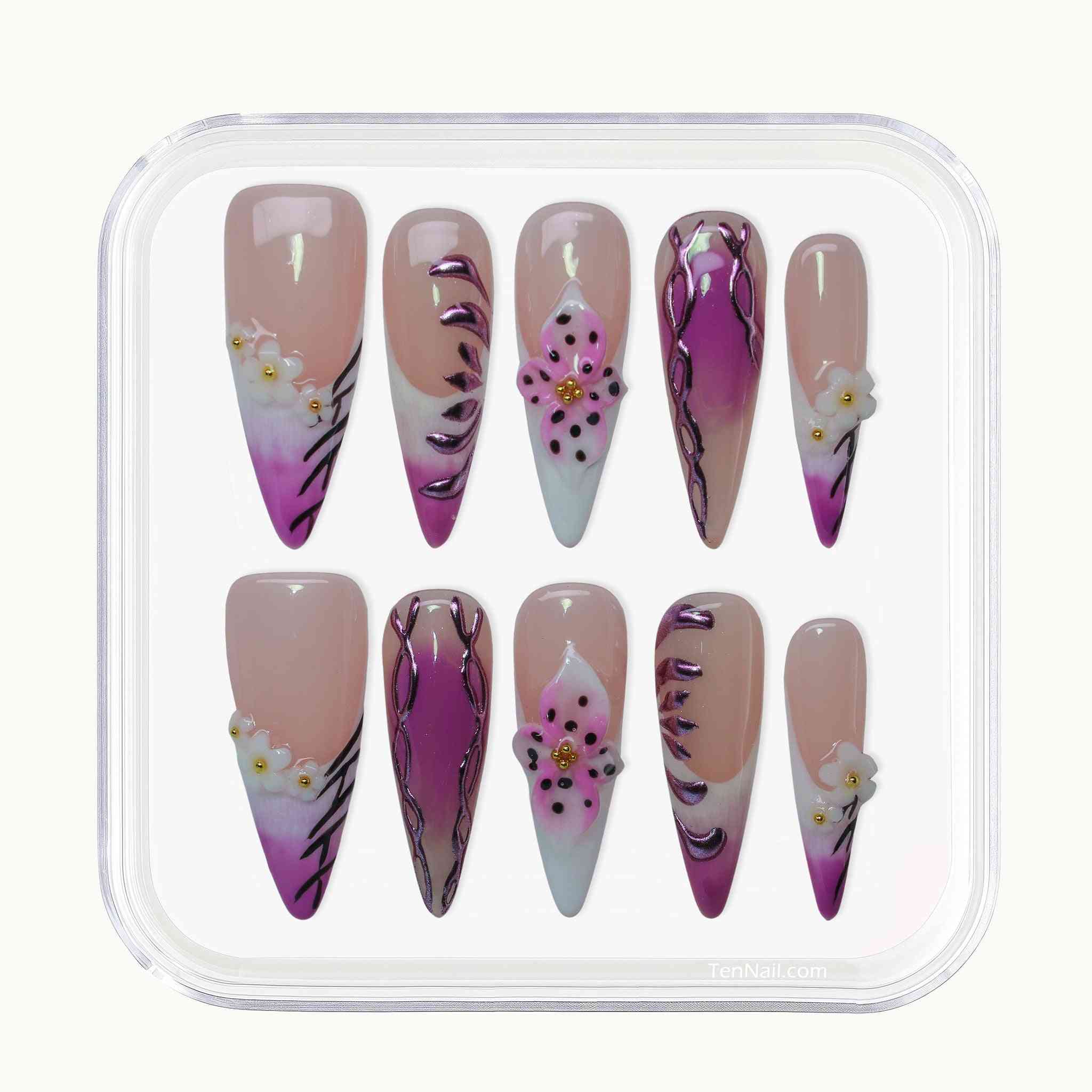 Lilac Bloom Nails with soft lilac, hand-painted orchids, sleek design—charming press-on nails for a floral-inspired look, easy to apply and long-wearing.