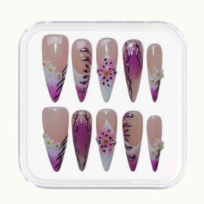 Lilac Bloom Nails with soft lilac, hand-painted orchids, sleek design—charming press-on nails for a floral-inspired look, easy to apply and long-wearing.