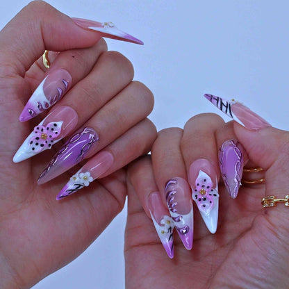 Lilac Bloom Nails with soft lilac, hand-painted orchids, sleek design by Tennail pressonnails