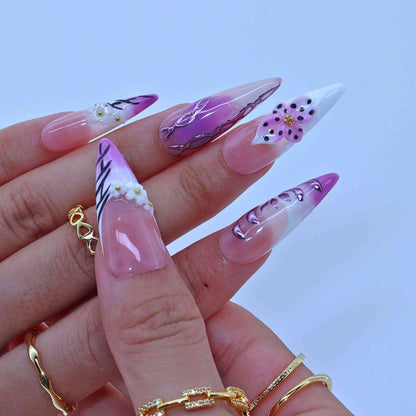 Lilac Bloom Nails with soft lilac, hand-painted orchids, sleek design by Tennail pressonnails
