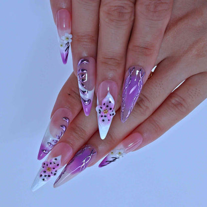 Lilac Bloom Nails with soft lilac, hand-painted orchids, sleek design by Tennail pressonnails