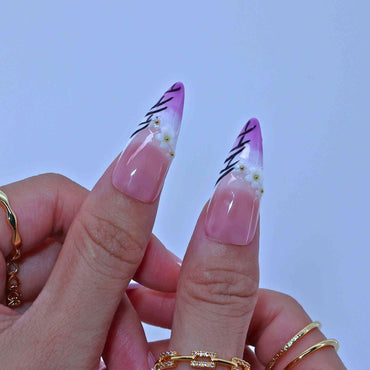 Lilac Bloom Nails with soft lilac, hand-painted orchids, sleek design by Tennail pressonnails