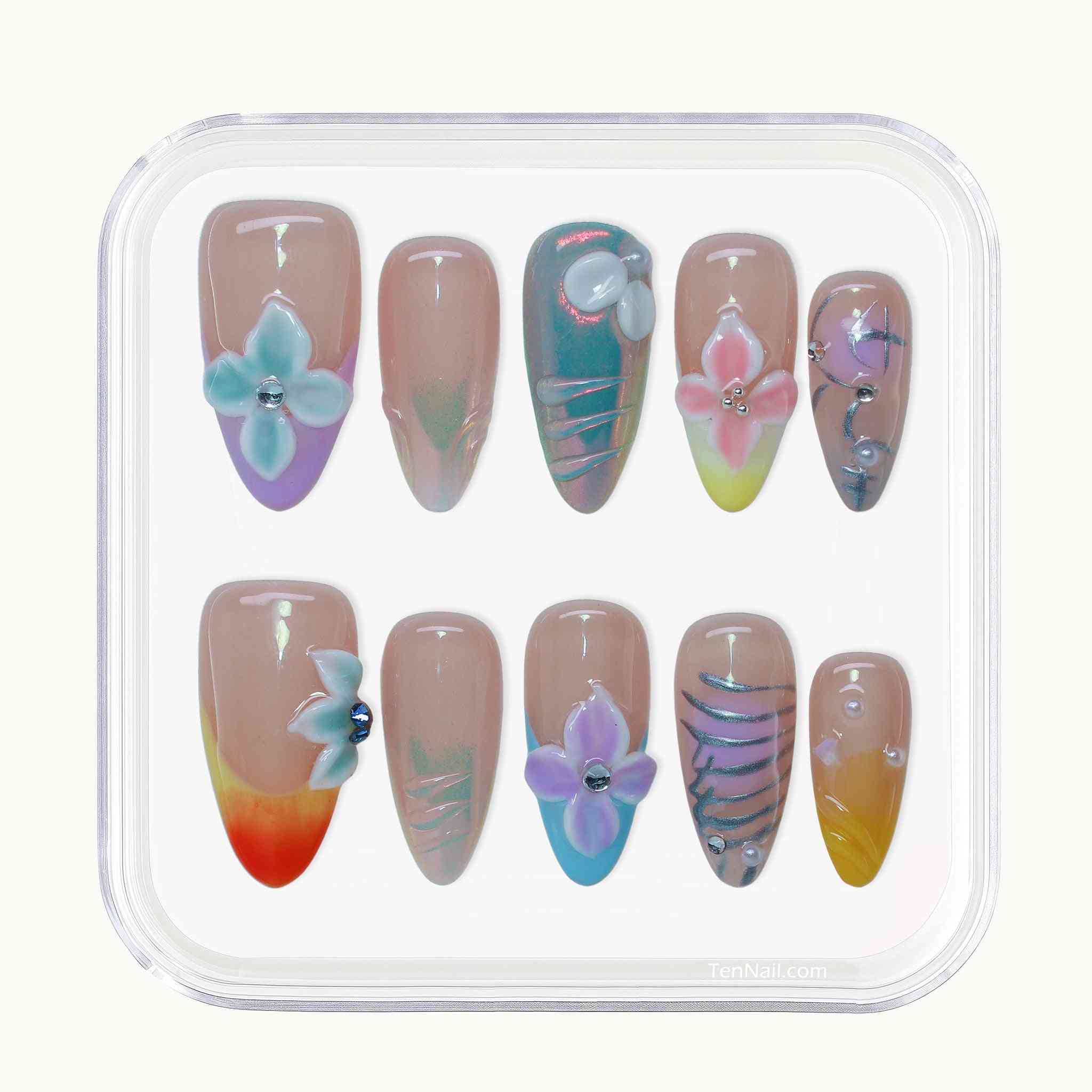 Bloom Art Nails with hand-painted florals, color gradients, sleek design—charming press-on nails for an artistic look, easy to apply and long-wearing.