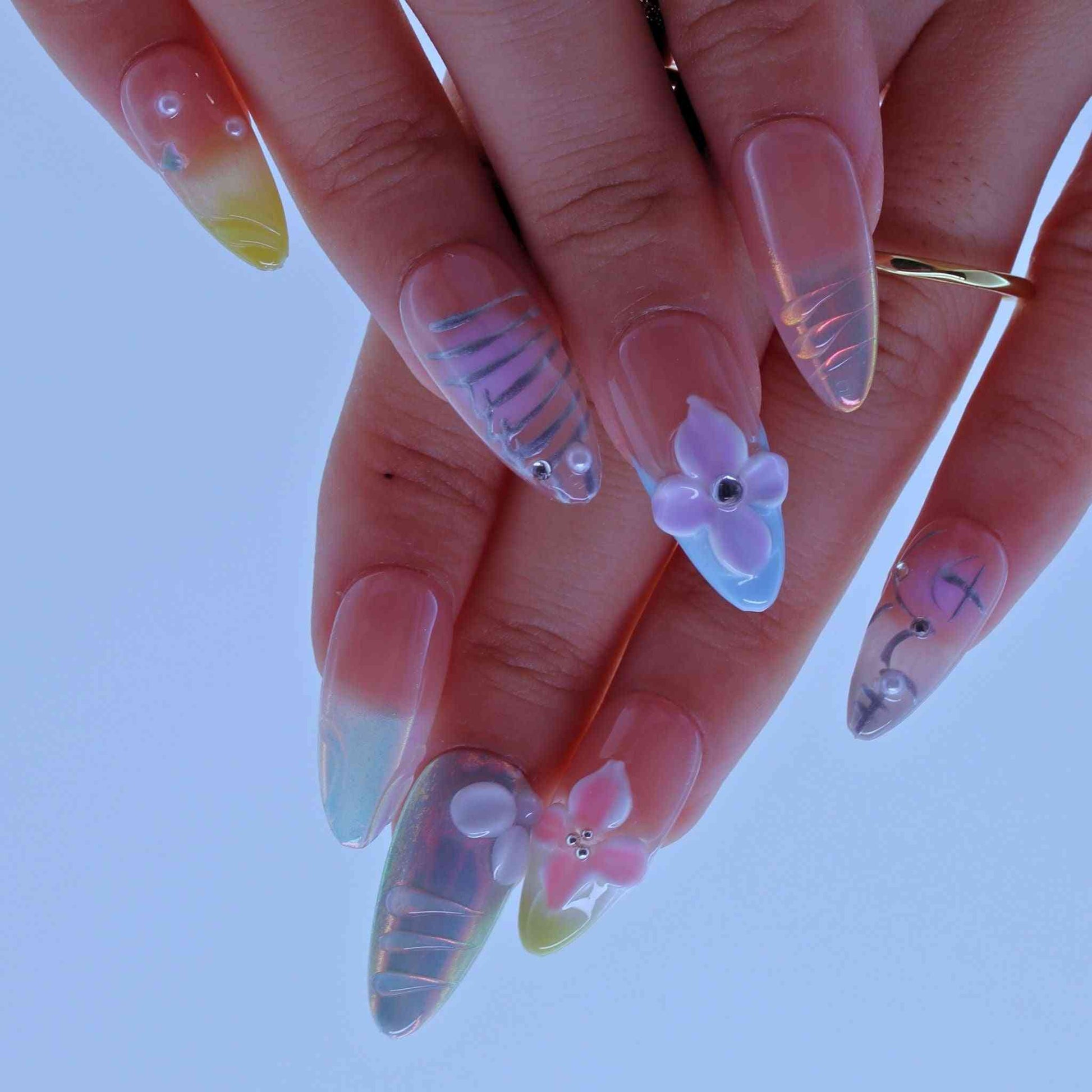 Blossom Craft Nails with hand-painted florals, color blends, refined design by Tennail press on nails 