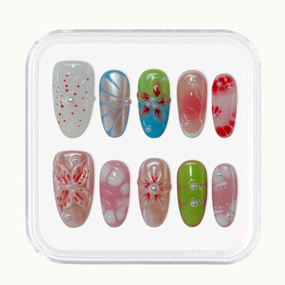 Blossom Craft Nails with hand-painted florals, color blends, refined design—elegant press-on nails for a creative look, easy to apply and long-wearing.