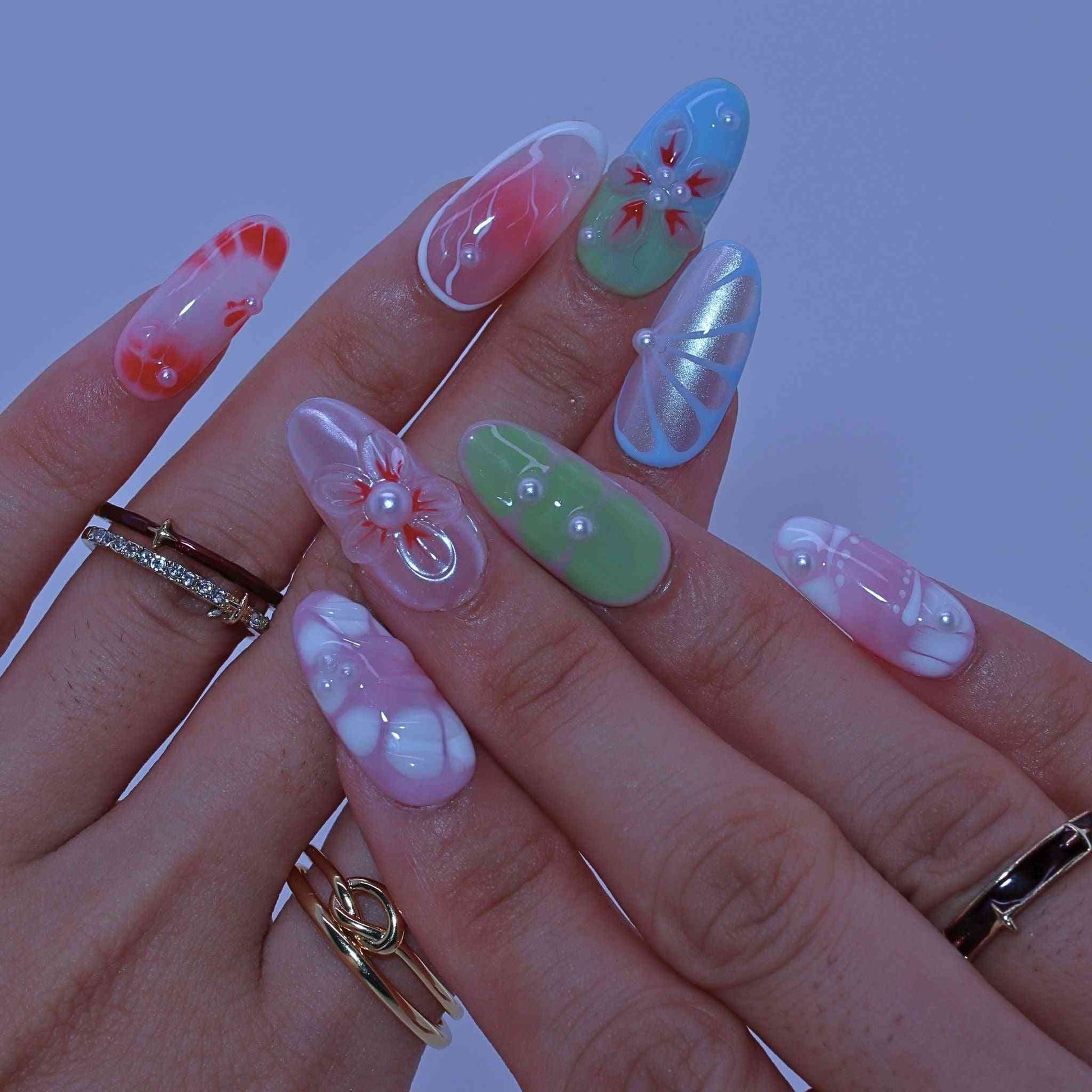 Blossom Craft Nails with hand-painted florals, color blends, refined design by Tennail press on nails 