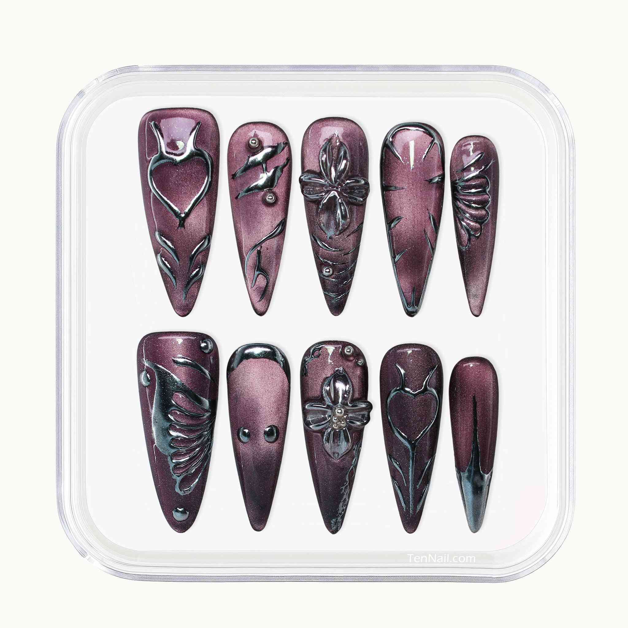 Lavender Art Nails with lavender cat-eye, hand-painted florals, sleek design by Tennail —elegant press-on nails for a sophisticated look, easy to apply and long-wearing.