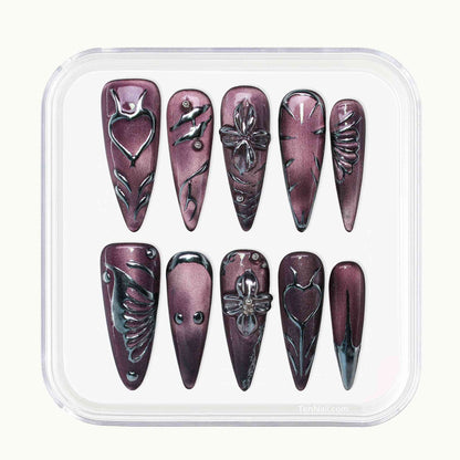 Lavender Art Nails with lavender cat-eye, hand-painted florals, sleek design by Tennail —elegant press-on nails for a sophisticated look, easy to apply and long-wearing.