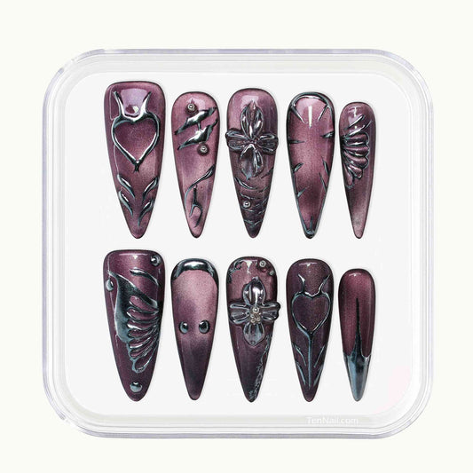 Lavender Art Nails with lavender cat-eye, hand-painted florals, sleek design by Tennail —elegant press-on nails for a sophisticated look, easy to apply and long-wearing.