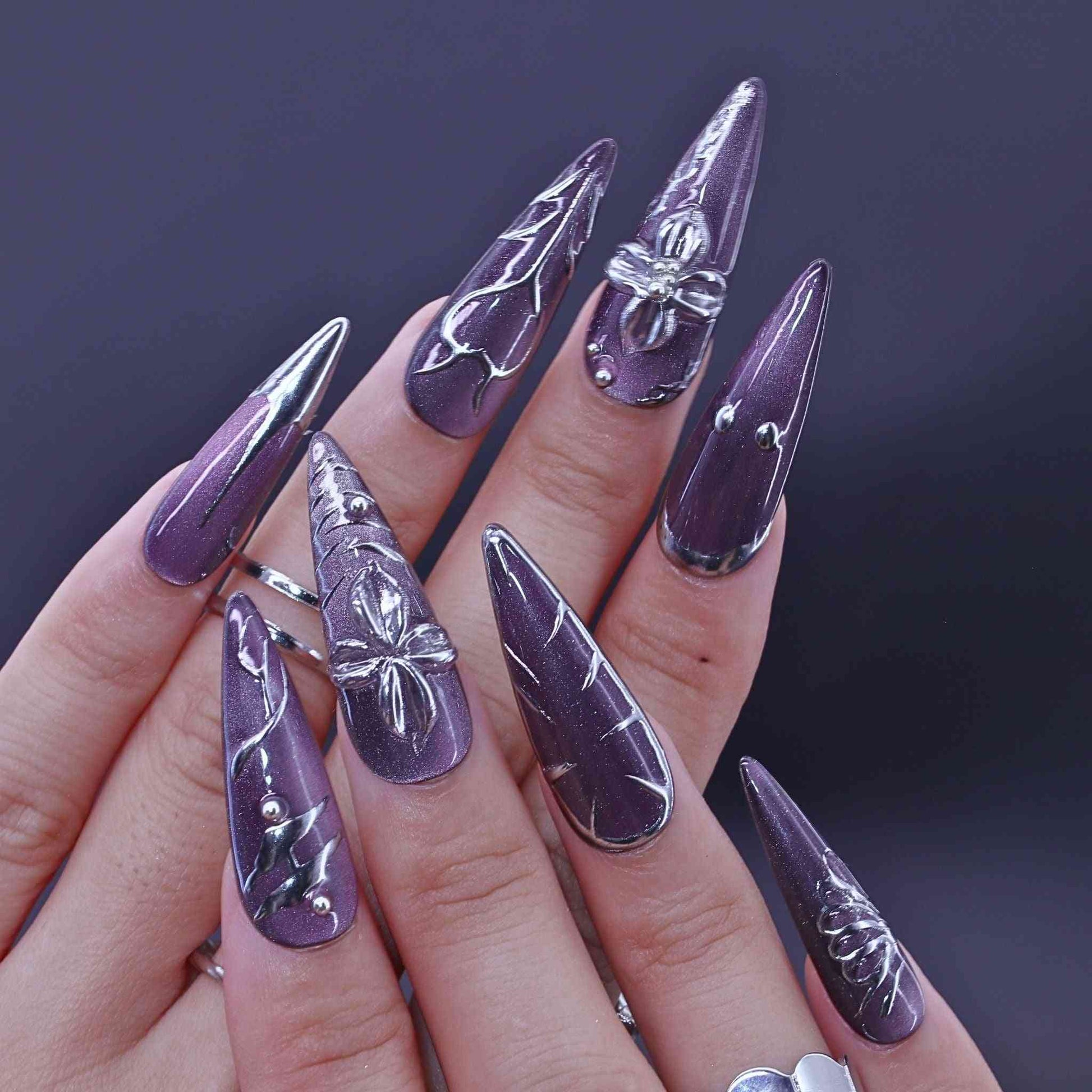 Purple and silver nail art , Lavender Art press on Nails with lavender cat-eye, hand-painted florals, sleek design by Tennail