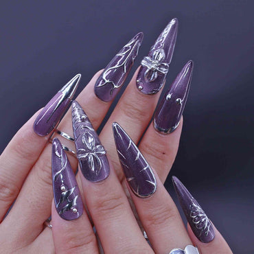 Purple and silver nail art , Lavender Art press on Nails with lavender cat-eye, hand-painted florals, sleek design by Tennail