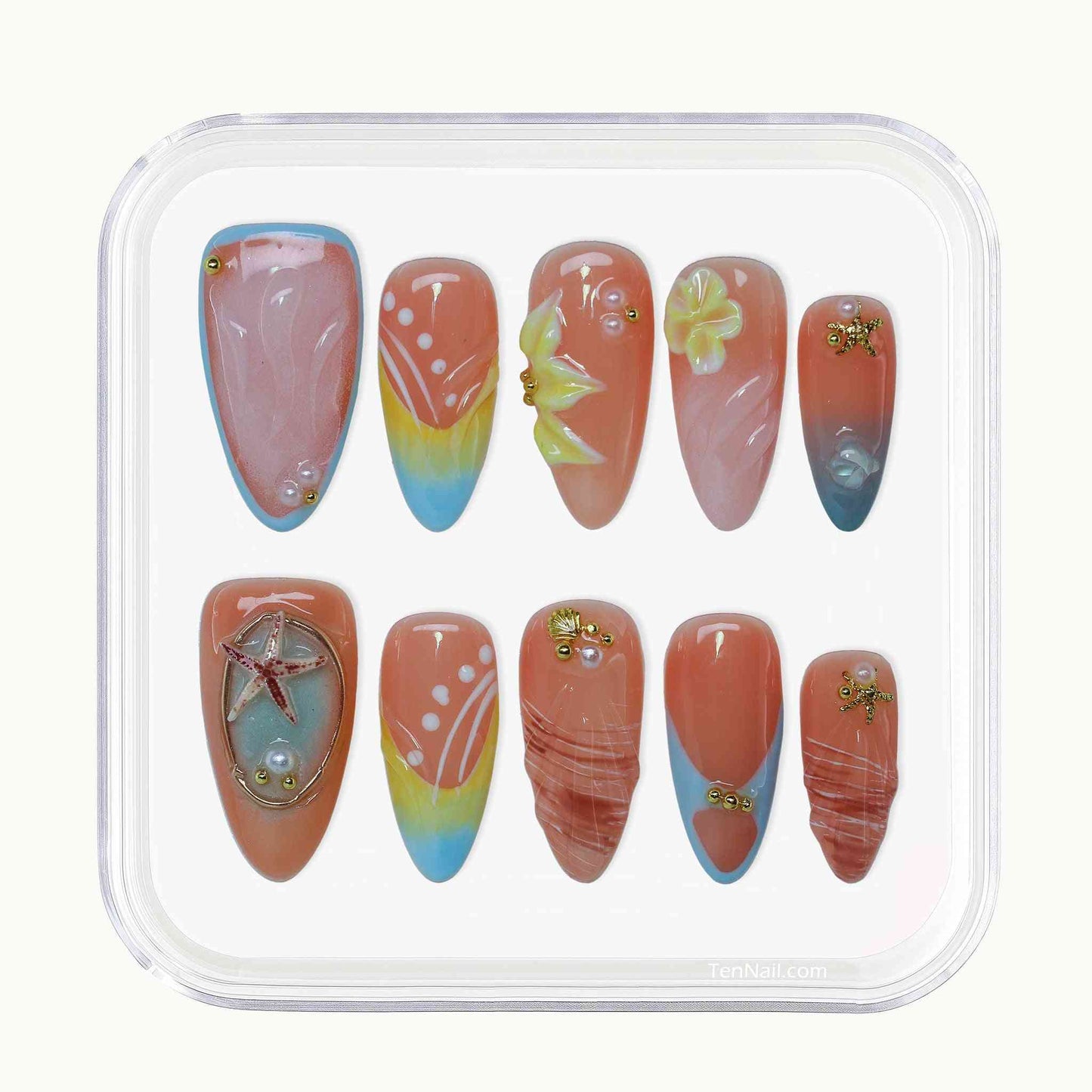 Coastal Bloom press on Nails with hand-painted florals, starfish accents, coastal hues by Tennial—charming press-on nails for a seaside-inspired look, easy to apply and long-wearing.
