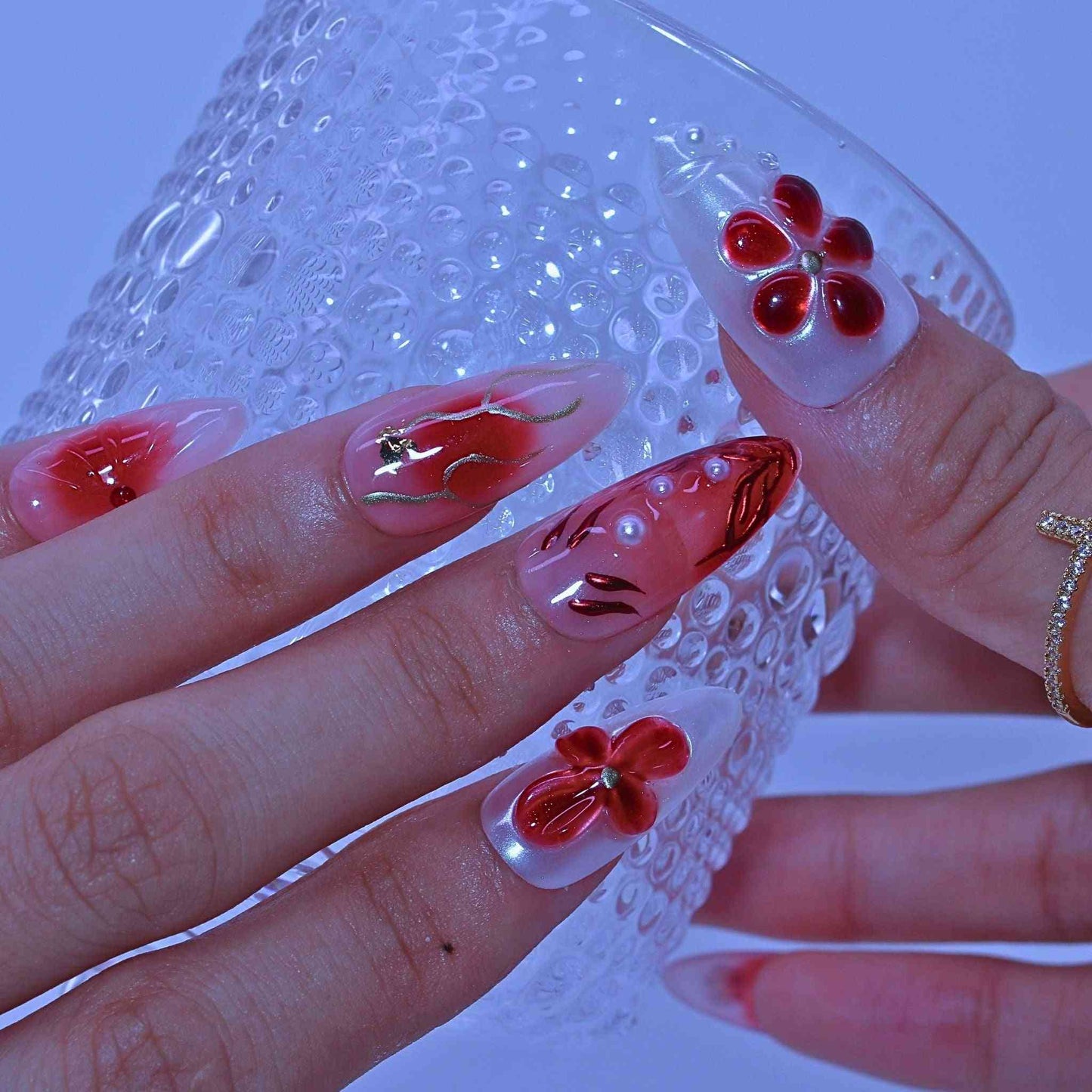 Nails with red flower designs and clear polish, Crimson Bloom press on Nails with hand-painted red florals, gradients, rhinestone accents by Tennail