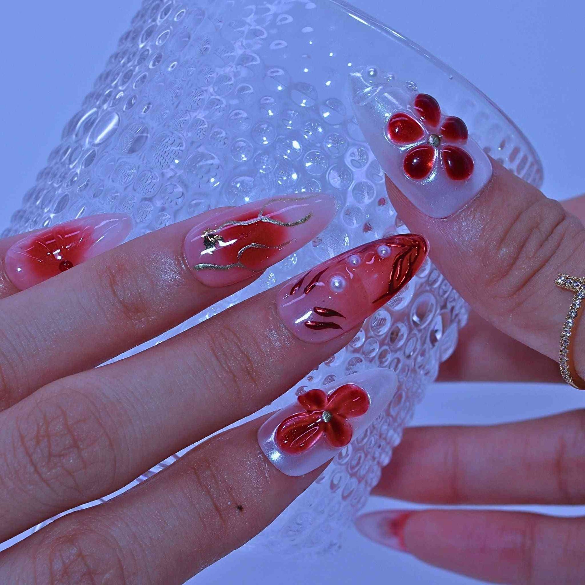 Nails with red flower designs and clear polish, Crimson Bloom press on Nails with hand-painted red florals, gradients, rhinestone accents by Tennail