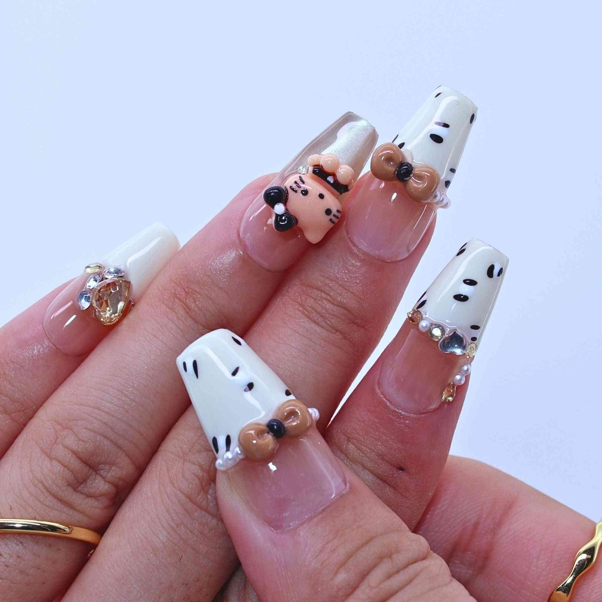 Nails with white and brown decorative design, Kitty Leopard press on Nails with leopard print, Kitty accents, bling by Tennail.