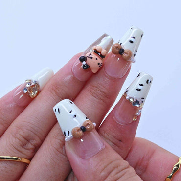 Nails with white and brown decorative design, Kitty Leopard press on Nails with leopard print, Kitty accents, bling by Tennail.
