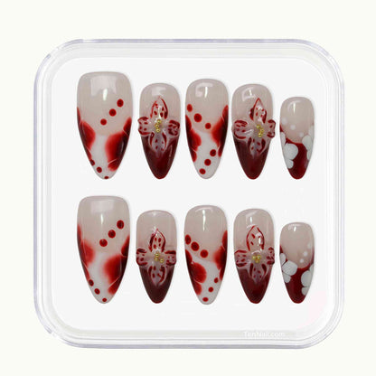 Tropical Flowers Press on Nails with hand-painted florals, red gradients, delicate accents by Tennail—stylish press-on nails for a vibrant look, easy to apply and long-wearing.
