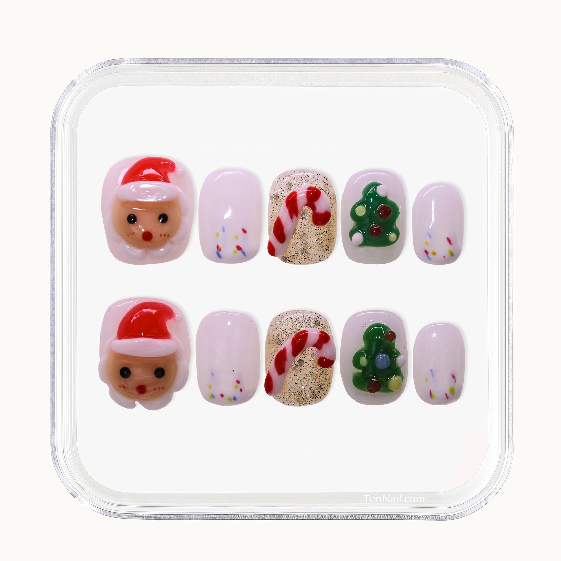 Short Christmas press on nails with Santa and candy cane designs.