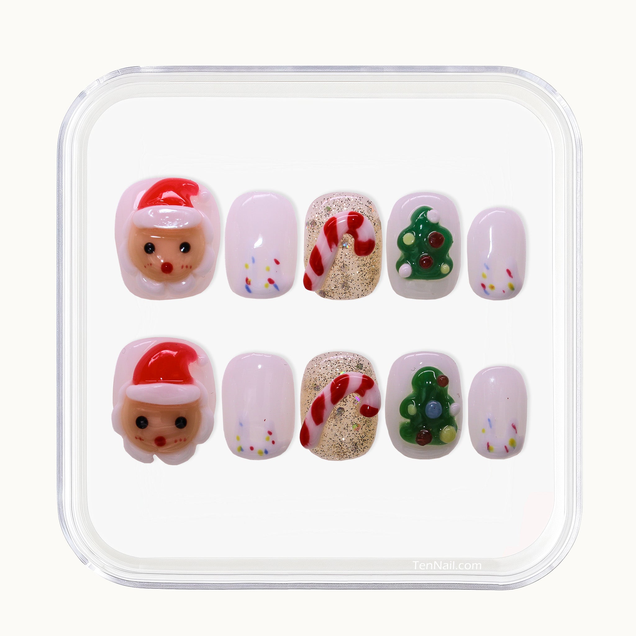 Short Christmas press on nails with Santa and candy cane designs.