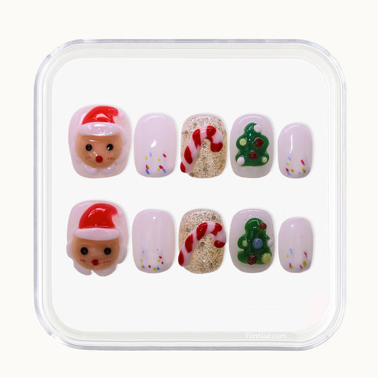 Short Christmas press on nails with Santa and candy cane designs.
