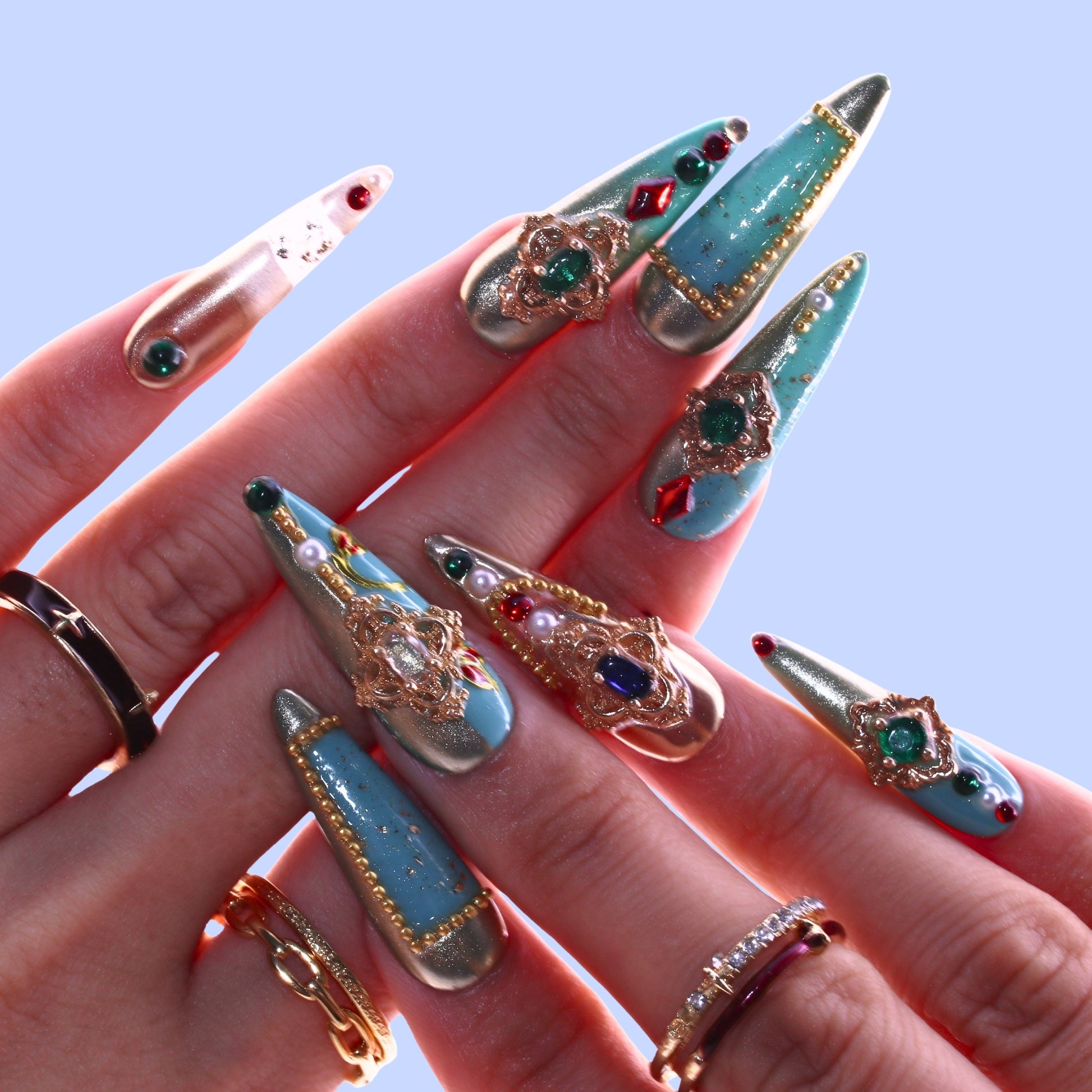 Decorative nail art with gemstones , Tennail handmade press on nails.