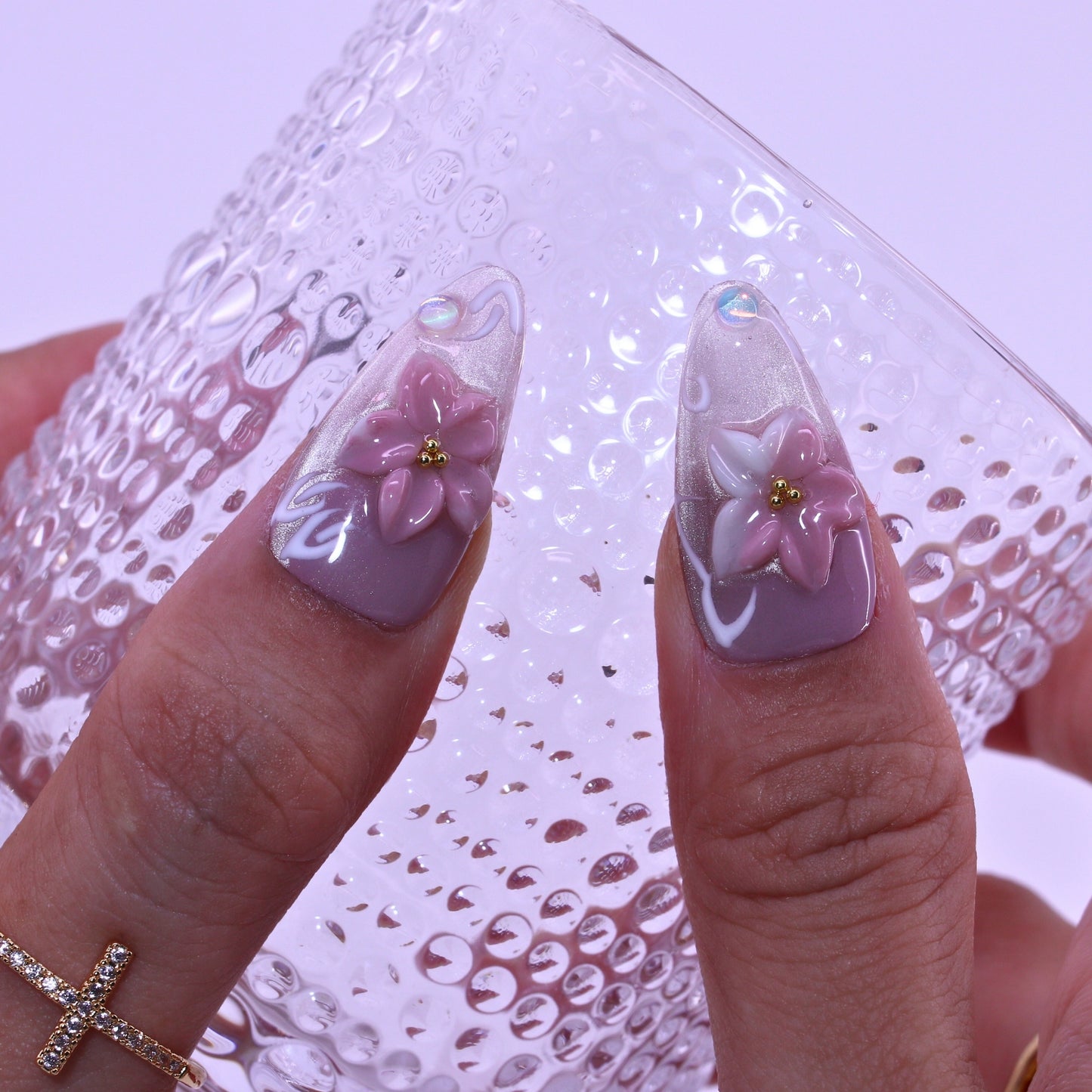 Nails with pink floral design , Tennail handmade press on nails.
